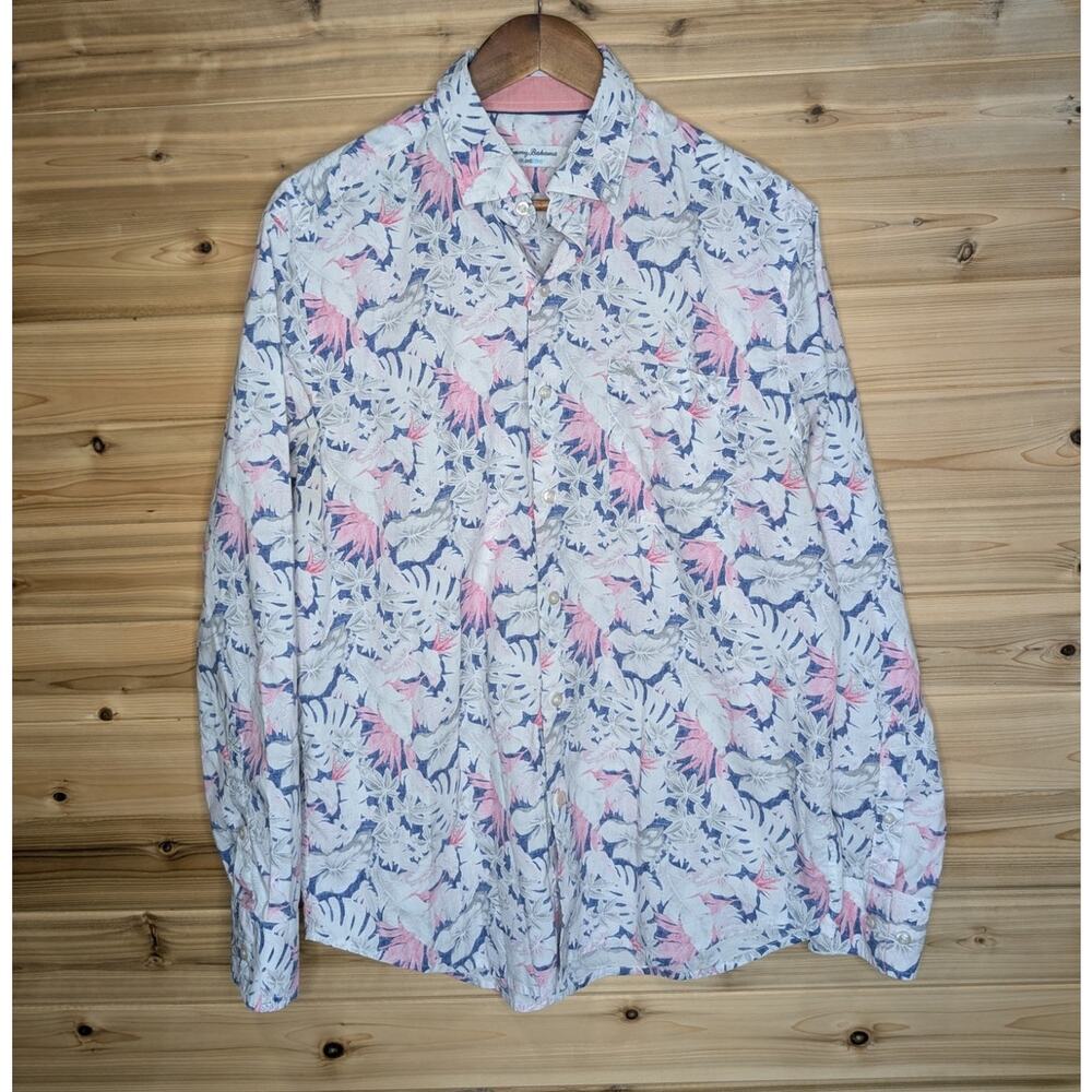 Tommy Bahama Shirt Mens Medium Blue Pink Floral IslandZone Button Down